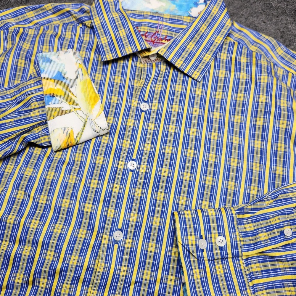 Robert Graham Yellow Blue Plaid Stripe Long Sleeve Button Down Dress Shirt XL